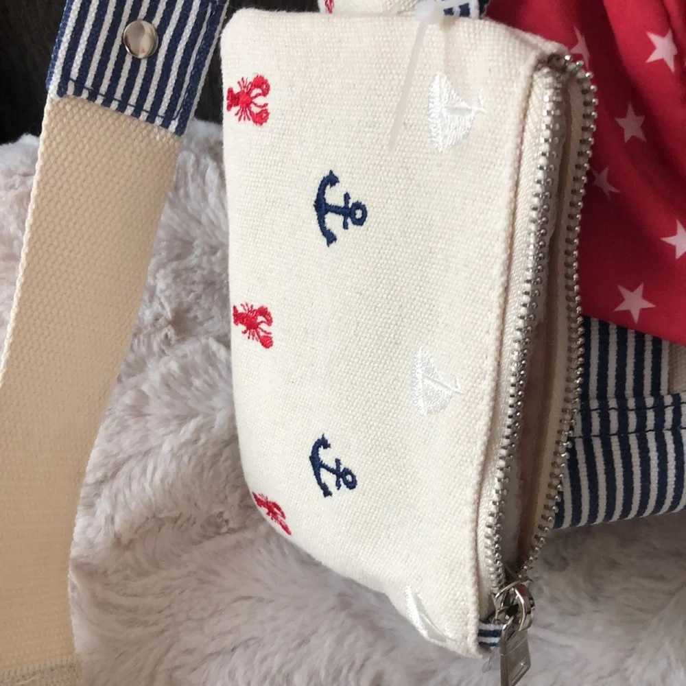 Nautical Anchor Print Cream Canvas Crossbody Bag Mini Tote with Red Scarf - Picture 2 of 14